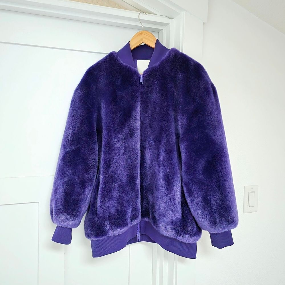 Tibi Luxe Faux Fur Mid Length Sporty Bomber Jacket in Purple - Picture 5 of 13